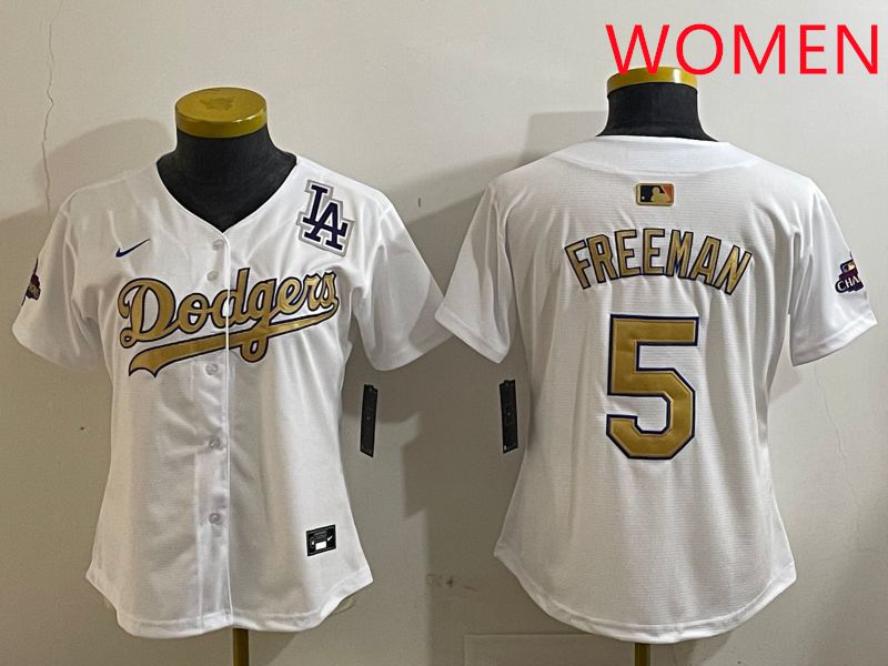 Women Los Angeles Dodgers #5 Freeman White Champion gold character 2025 Nike MLB Jersey style 4126->women mlb jersey->Women Jersey